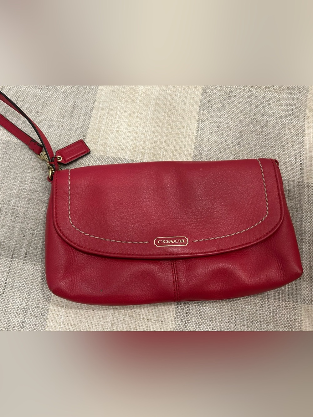 COACH Red Leather Wristlet Clutch with Gold Accent